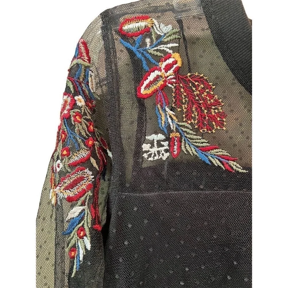 Paradiso Women's Floral Embroidered Mesh Top Black S Bell Sleeves - Picture 2 of 8